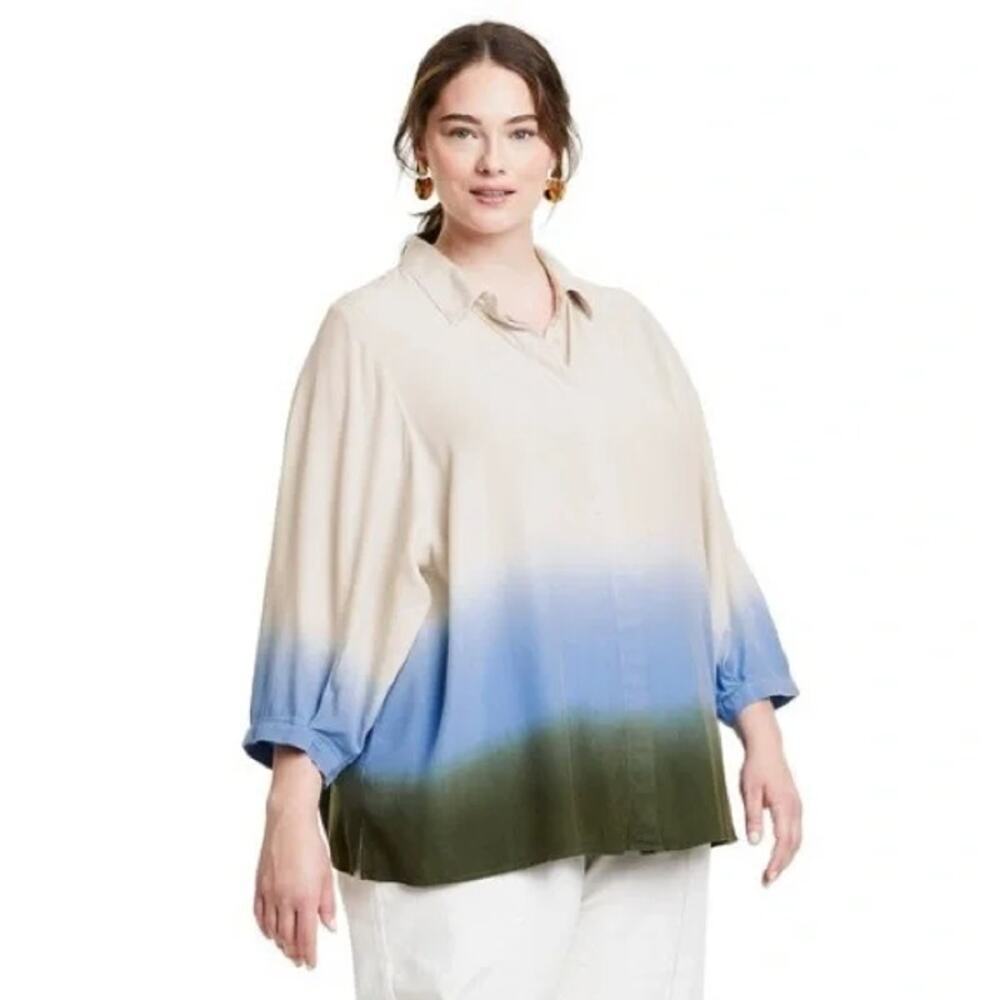 Rachel Comey x Target Dip-Dye Oversized Blouse Top Cream Blue Green 3X NWT